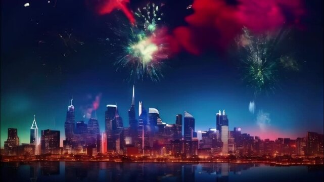 Festive brightly colorful fireworks on twilight background high in sky