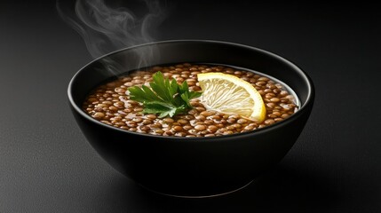 Comfort food photography warm lentil soup with lemon herbs and cozy kitchen vibes