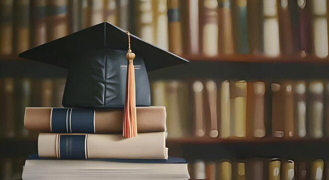 Graduation cap, books and diploma on a table, library background. Blurred background