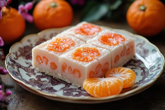 chinese new year symbolism, a nian gao cake and tangerines on a plate symbolize sweetness and prosperity in the new year