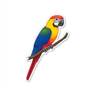 Colorful Parrot Sitting on a Branch, Vibrant Tropical Bird with Red, Blue, Yellow, and Green Feathers, Nature Illustration for Wildlife and Animal Themes