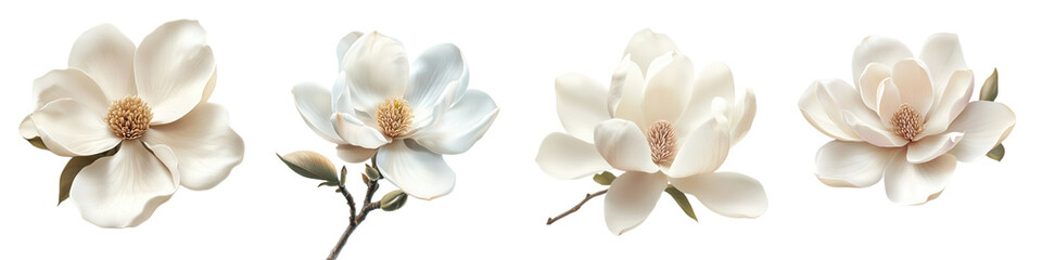 A collection of delicate magnolia flowers showcasing varying stages of bloom with soft, creamy...