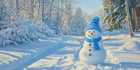 Obraz premium A cheerful snowman with a blue hat and scarf stands amidst a beautiful snowy forest, embodying the joy of winter and festive charm on a sunny day.