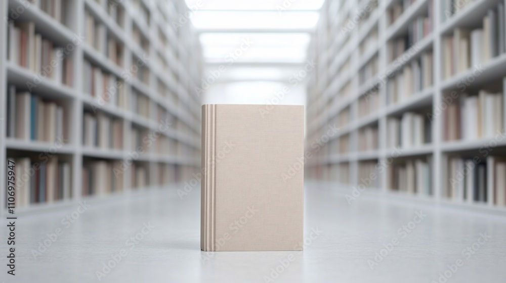 Poster a blank book stands alone in a library, symbolizing knowledge and potential.