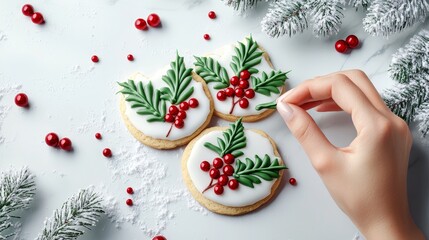 A hand decorating holly leaf cookies with green icing and placing red candy berries, shot from above, festive kitchen atmosphere with Christmas decor