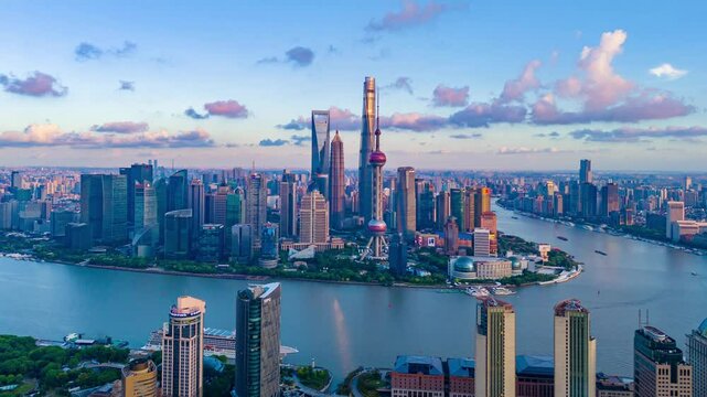 4K time lapse Aerial View of Shanghai skyline at sunset with the Winding Huangpu River