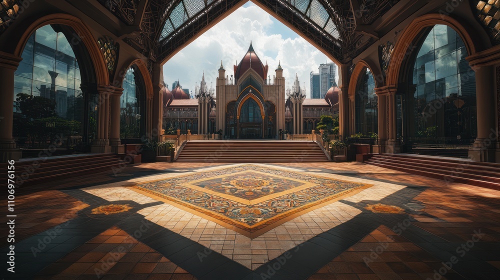 Poster a grand architectural space with intricate flooring and a majestic building in the background.