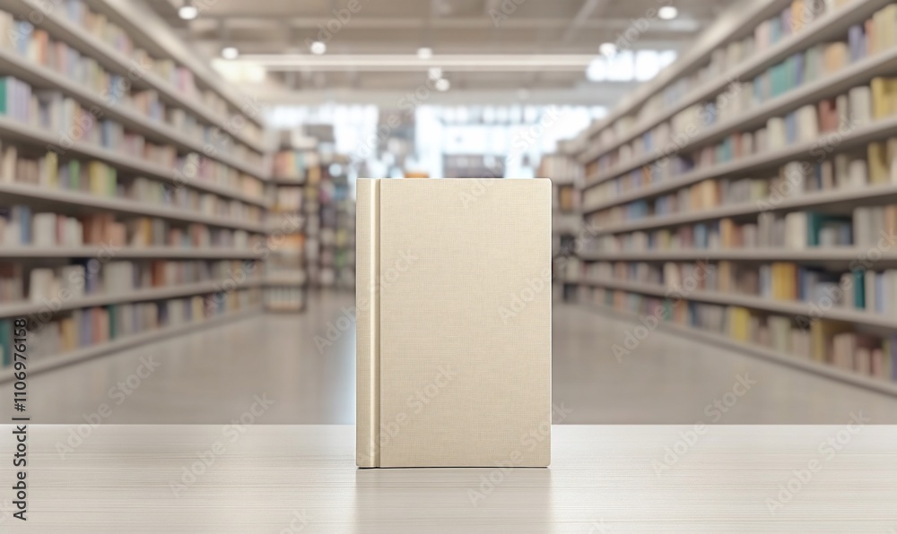 Poster A blank book on a table with a library background.