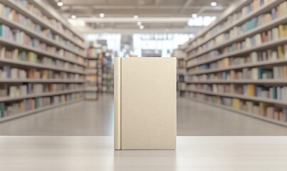 Obraz premium A blank book on a table with a library background.