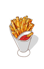 French fries in a white cup with tomato sauce issolated on white