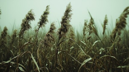Tall Grass Blades in Foggy Field