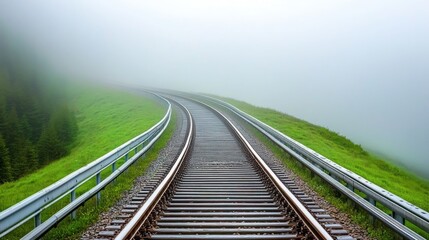 Fototapeta premium Train disappearing into fog on steel bridge with gleaming tracks from recent rain