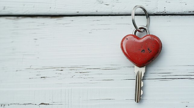 A red heart shaped key hangs on a white wooden background