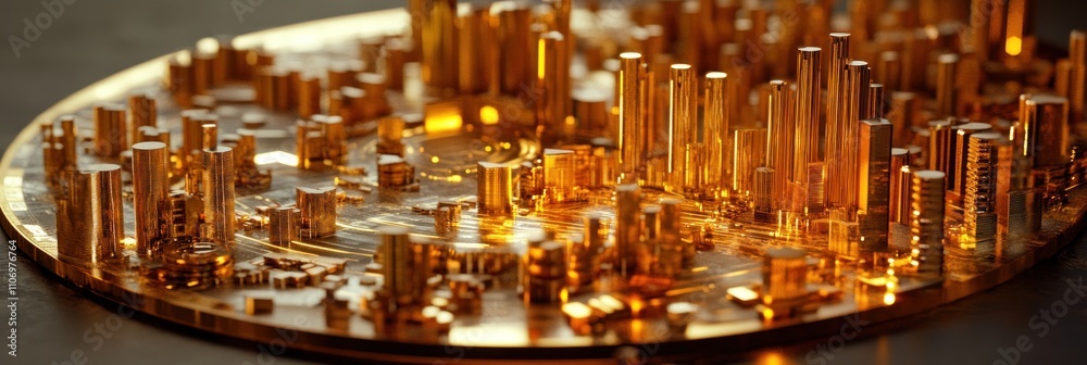 Poster a detailed golden cityscape model showcasing intricate structures and designs.
