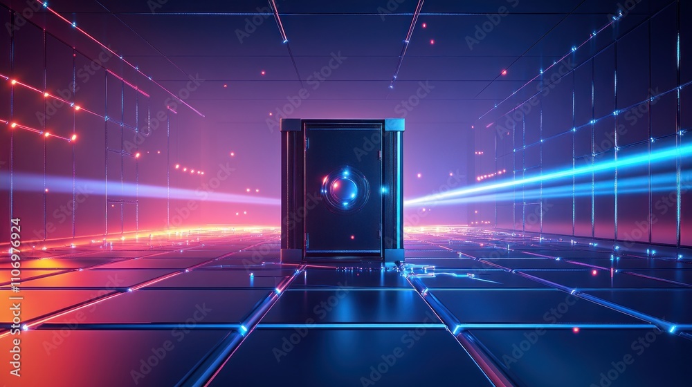Aufkleber a futuristic digital environment with glowing lines and a central cube.