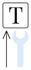 Wrench tool pointing to text box, highlighted by black upward arrow. Ideal for customization, editing, typography, design, settings, adjustments user interface. Line metaphor