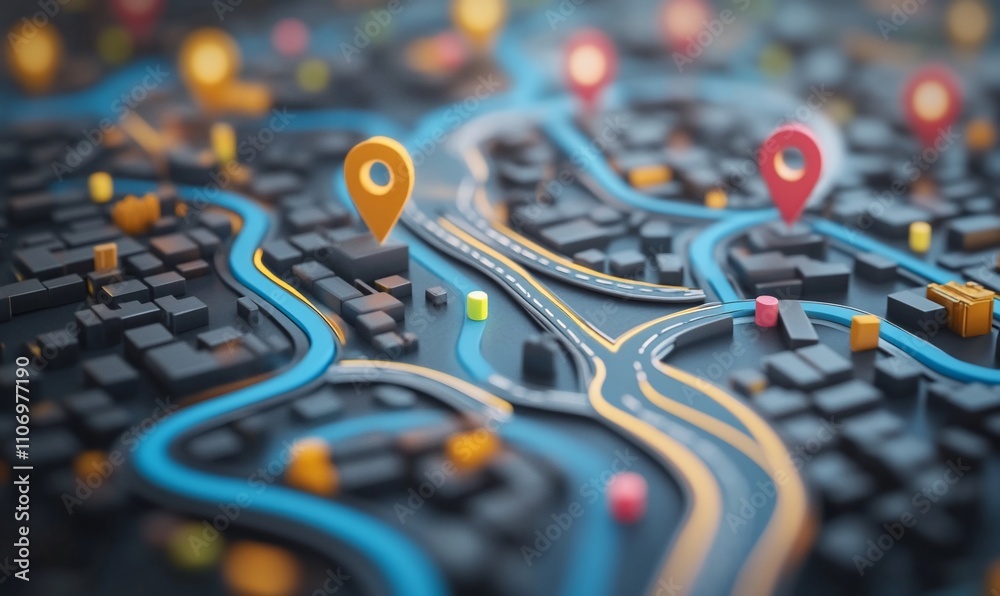 Poster A colorful 3D map with location markers and winding roads.