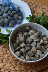 Many littleneck fresh clams in a white bowl with parsley leaves on wooden table
