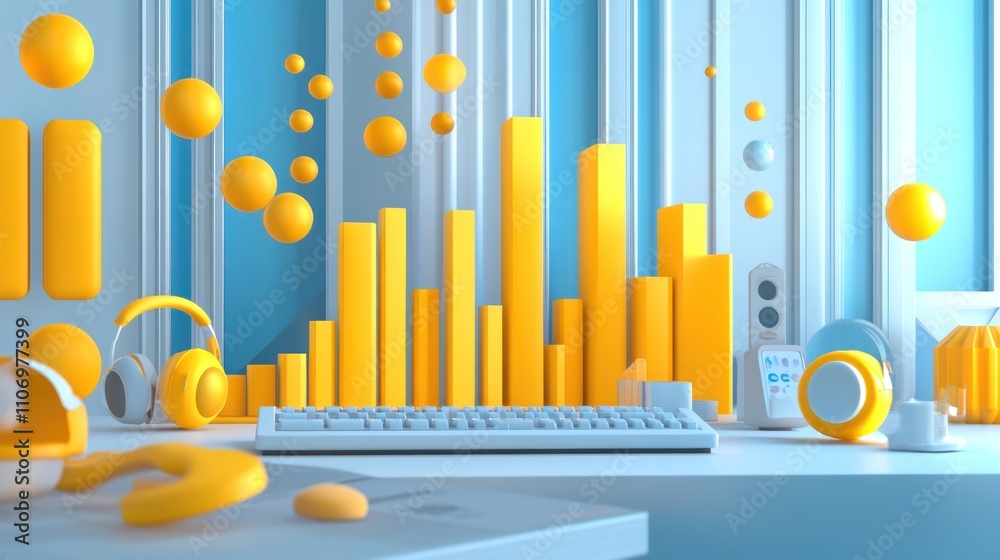 Aufkleber A colorful, modern workspace with abstract shapes and tech elements.
