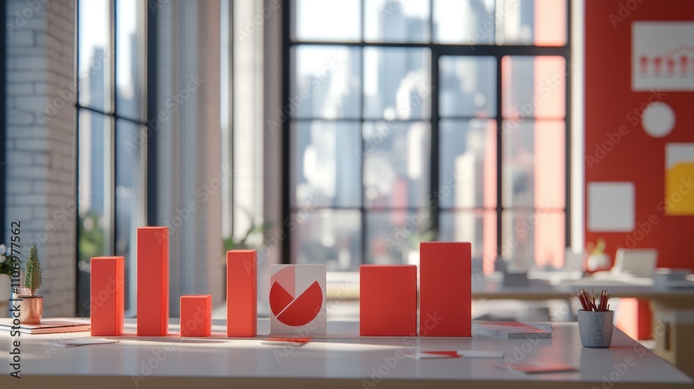 Poster A modern office space featuring red bar charts and graphs on a table, emphasizing data analysis.