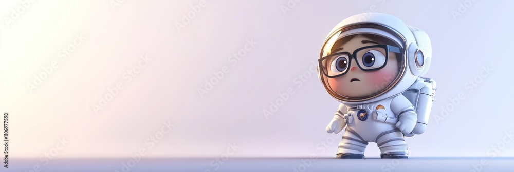 Poster a cute cartoon character in a spacesuit, looking curious and thoughtful in a minimalist setting.