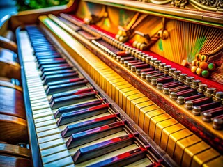 Intricate Close-Up of a Musician's Instrument Showcasing the Craftsmanship and Detail of Strings, Keyboards, and Woodwork for a Stunning Macro Photography Experience