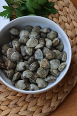 Many littleneck fresh clams in a white bowl with parsley leaves on wooden table