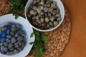 Many littleneck fresh clams in a white bowl with parsley leaves on wooden table
