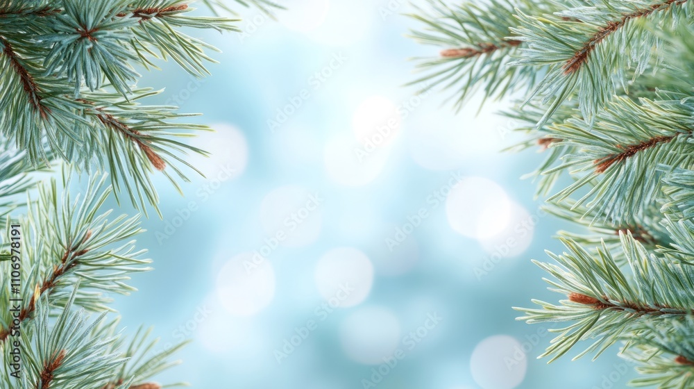 Poster A serene background of pine branches with a soft blue bokeh effect.