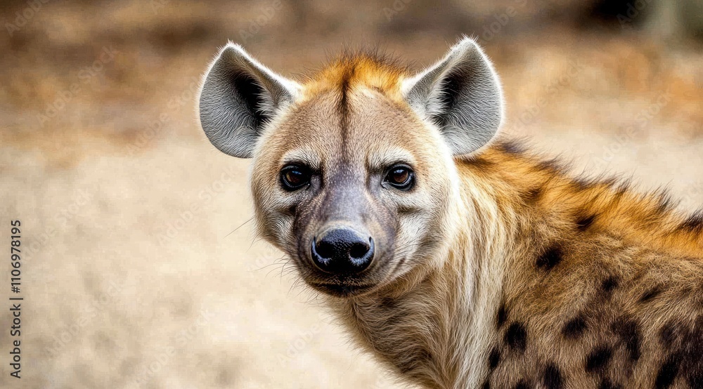 Poster A close-up of a hyena showcasing its distinctive features and curious expression.