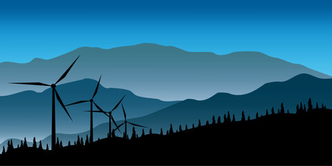 landscape vector design illustration, windmill power plant in mountainous area