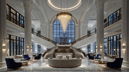 Obraz premium Grand Lobby with Curved Staircase, Chandelier, and Luxurious Seating