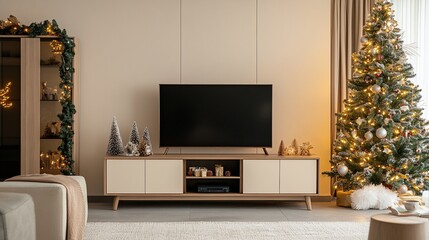 A cozy living room decorated for the holidays with a Christmas tree.