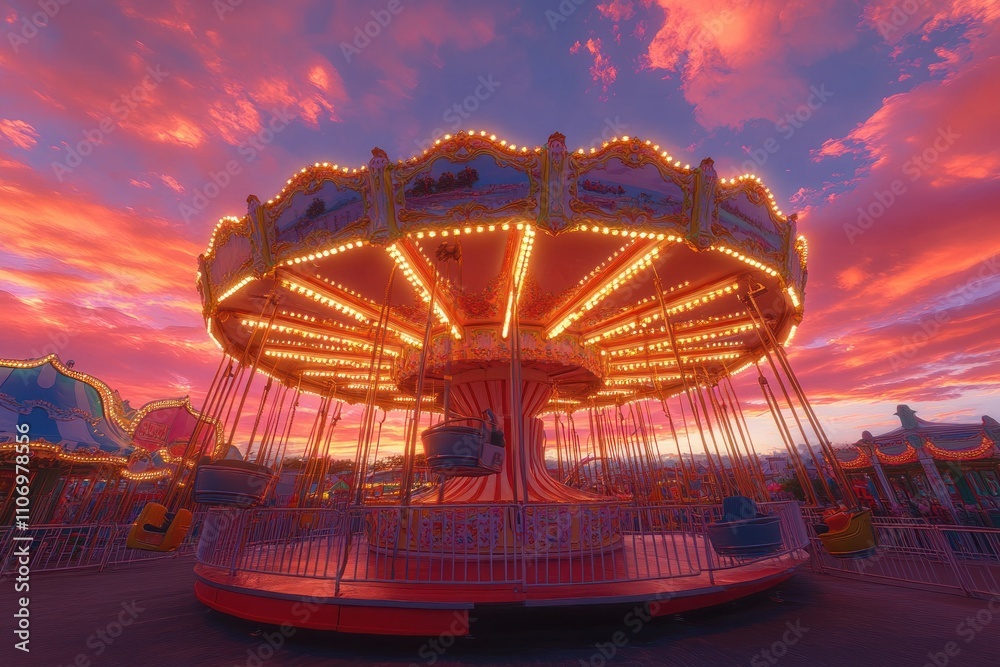 Aufkleber a brightly lit carousel at sunset, creating a whimsical and nostalgic atmosphere.