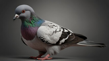 Detailed 3D render of a pigeon, showcasing its iridescent neck feathers and intricate plumage.
