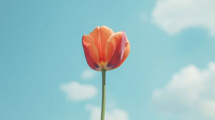 Bright orange tulip standing tall against a clear blue sky with fluffy clouds