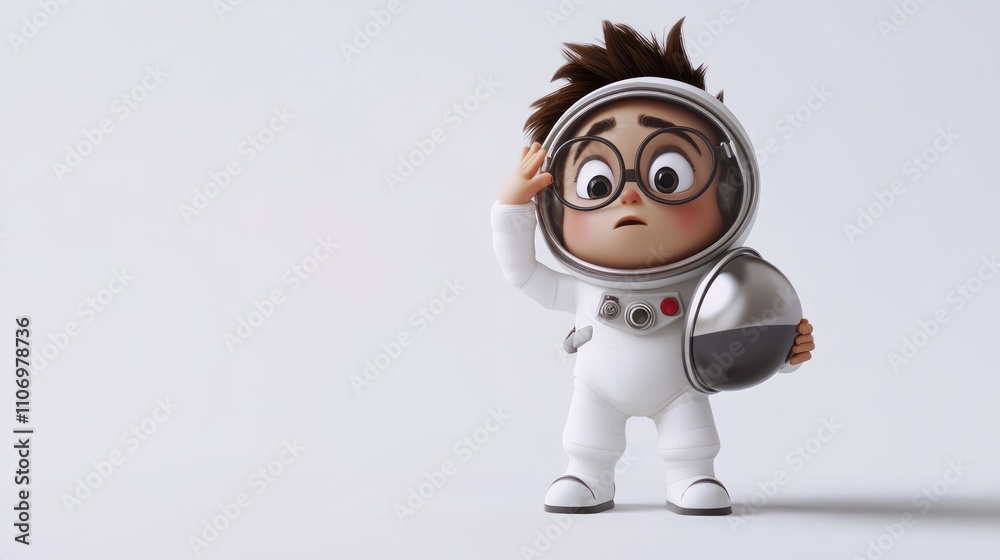 Poster a cartoon child astronaut in a spacesuit, looking curious and holding a helmet.