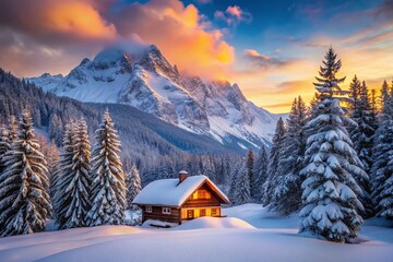 Fototapeta premium Isolated Alpine House with Snow-Covered Roof in a Serene Snowy Valley, Capturing the Tranquility of Winter in the Mountains and the Beauty of Nature