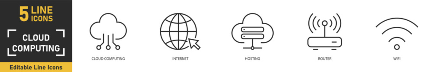 Cloud Computing line icon set. Set of 5 outline icons related to cloud computing, internet, hosting, router, wifi and more. Vector illustration.