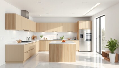 Modern kitchen and bathroom interiors with contemporary design, luxury furniture, and wooden floors, featuring a sink, stove, oven, and cabinets, creating a stylish and spacious living space