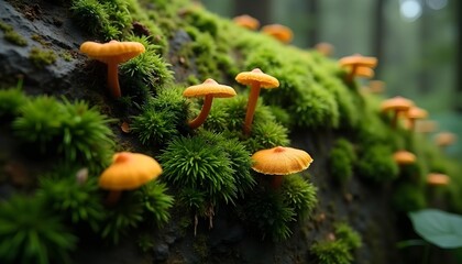 A close-up of a vibrant green moss covered rock formation, with yellow and orange small mushrooms or fungi,