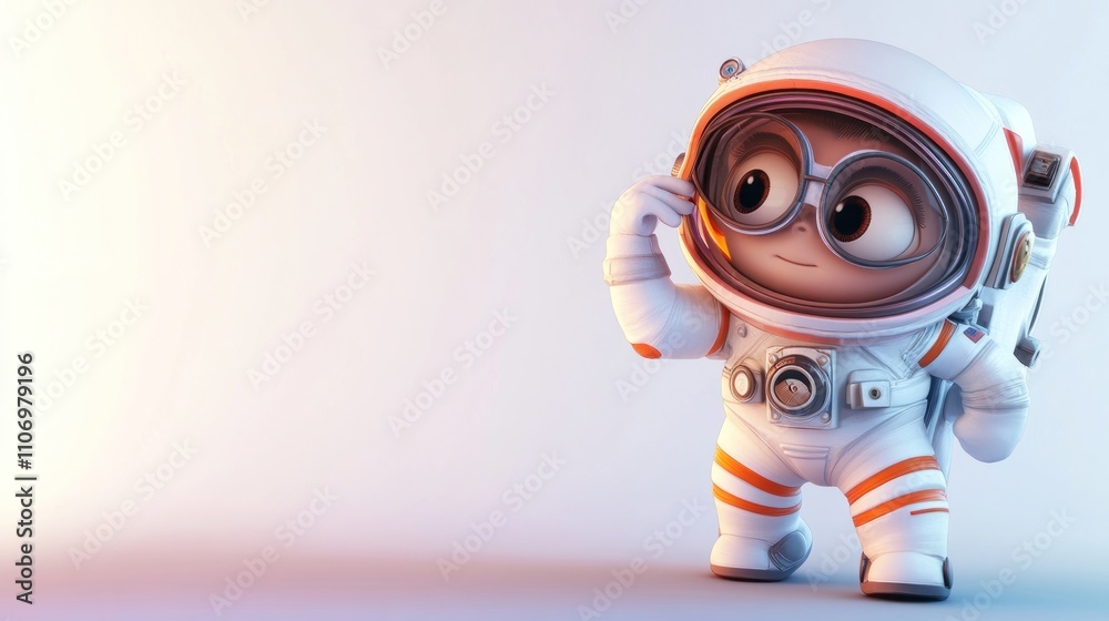 Poster a cute cartoon character in an astronaut suit, exploring space with a curious expression.
