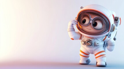 A cute cartoon character in an astronaut suit, exploring space with a curious expression.