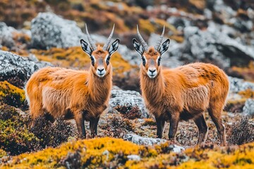 Fototapeta premium Two Red Mountain Goats Stand Side By Side