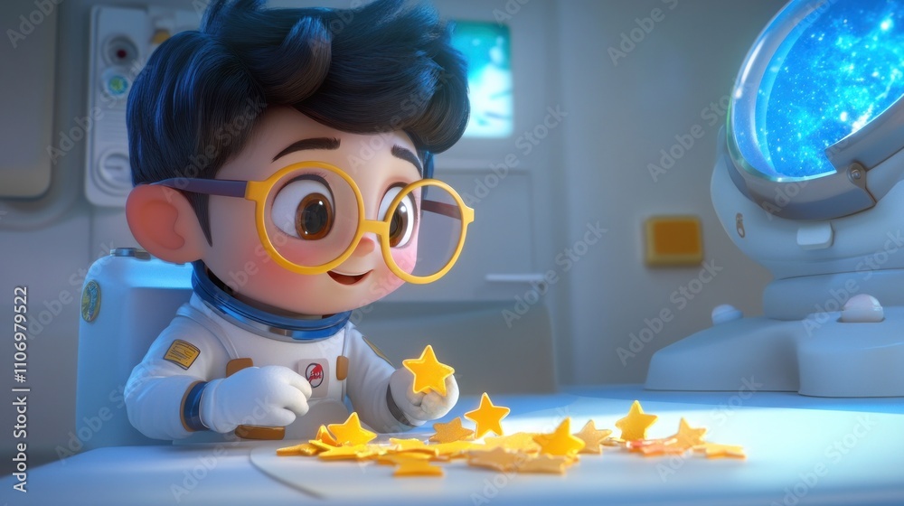 Aufkleber A young astronaut joyfully arranges star-shaped objects in a space-themed environment.