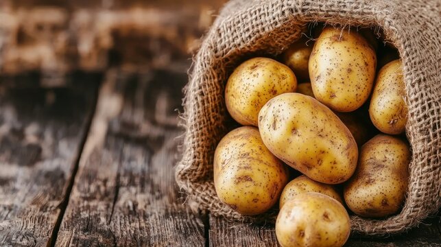 A Close-up of Potatoes in a Burlap Sack on a Wooden Surface