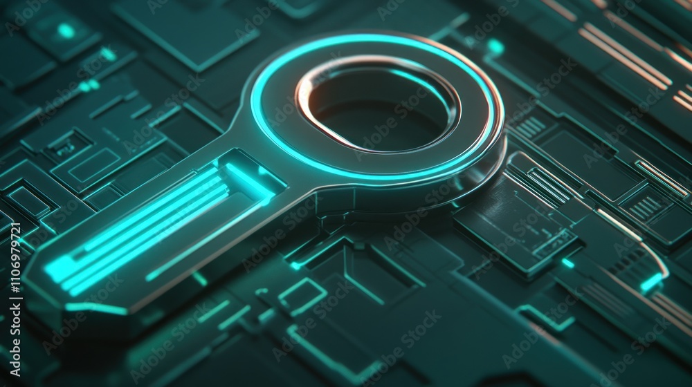Poster A futuristic magnifying glass on a digital circuit background, symbolizing search and analysis.