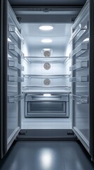 An empty refrigerator with shelves and drawers, designed for food storage and organization.