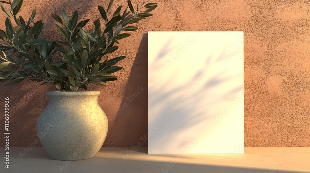 Poster a minimalist scene featuring a blank canvas and a potted plant casting shadows.