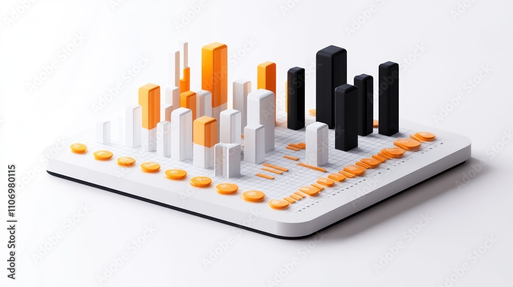 Aufkleber A 3D data visualization model with bars and buttons in orange, white, and black colors.